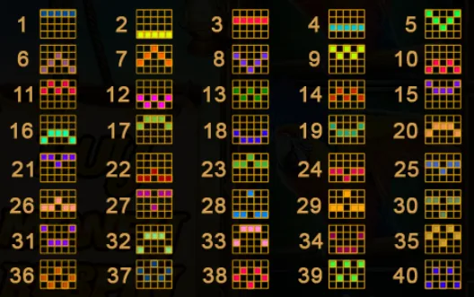 Pirate Gold Deluxe paylines map showing all 40 fixed line patterns