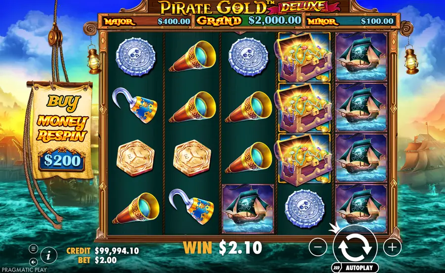 Pirate Gold Deluxe base game with the 5x4 grid, jackpot panel and treasure chests stacked on reel 4
