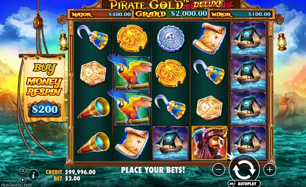 Pirate Gold Deluxe demo screen with parrots, coins and pirate ships on the 5x4 reels