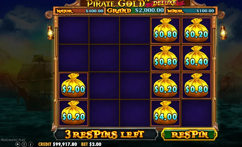 Pirate Gold Deluxe Lucky Treasure Bag round with ten locked money bags and 3 respins left