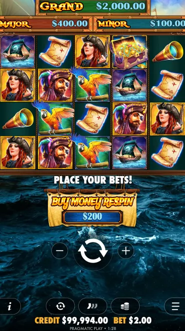 Pirate Gold Deluxe on a phone in portrait with the reels on top and the spin controls below