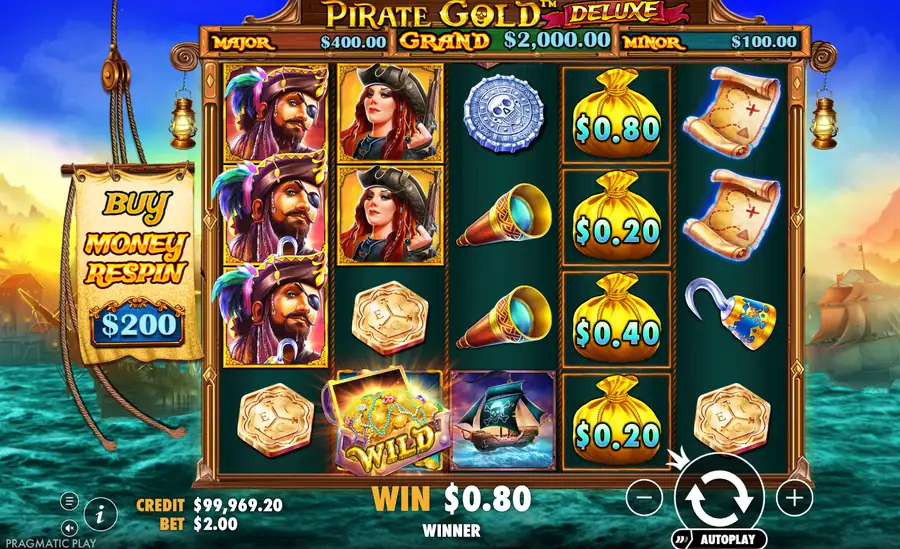 Pirate Gold Deluxe spin with stacked pirate captains, four money bags on reel 4 and a Wild chest