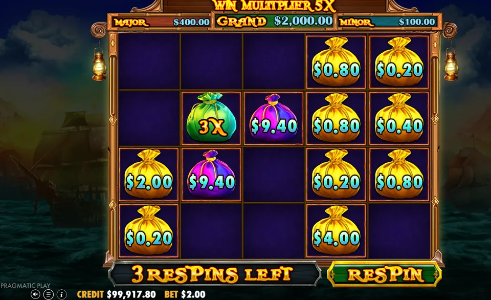 Pirate Gold Deluxe respins with a green 3x Multiplier Bag, two purple bags and a 5x win multiplier