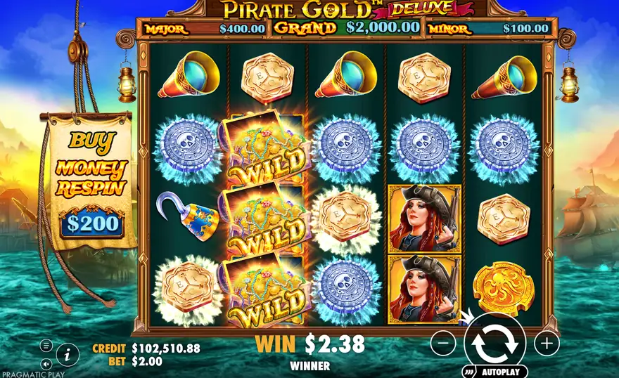 Pirate Gold Deluxe win with three stacked Wild chests on reel 2 connecting silver coins